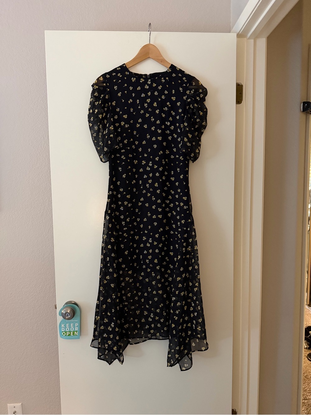 H&M Black Midi Dress with Yellow Floral Print and Puff Sleeves